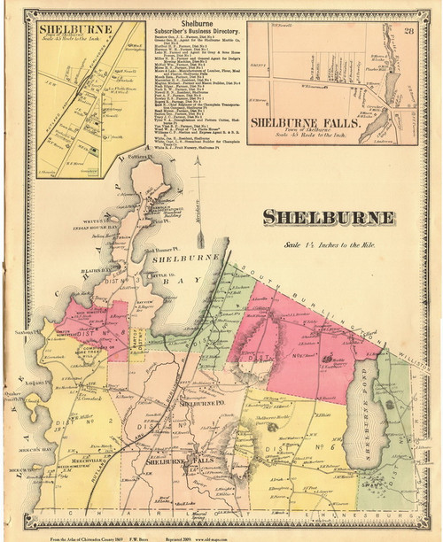 Shelburne Town, Shelburne Falls and Shelburne Villages, Vermont 1869 Old Town Map Reprint - Chittenden Co.
