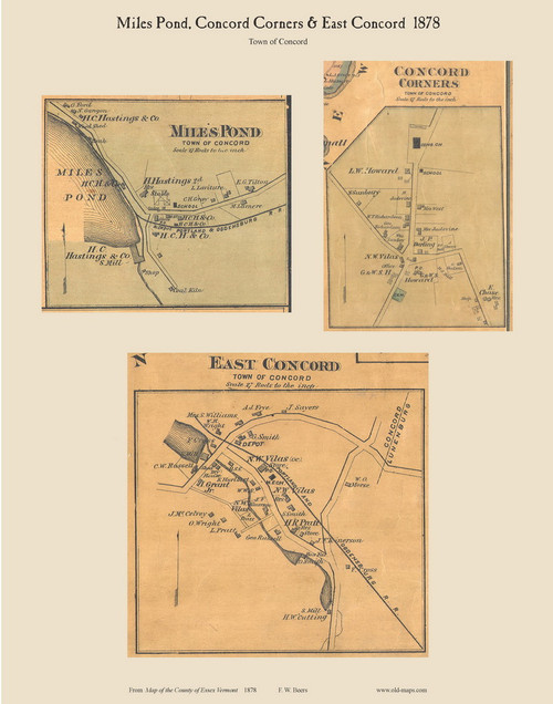 Miles Pond, Concord Corners, & East Concord, Vermont 1878 Old Town Map Custom Print - Essex Co.