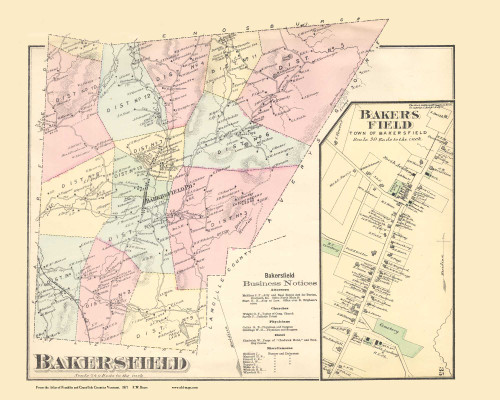 Bakersfield and Bakersfield Village, Vermont 1871 Old Town Map Reprint - Franklin Co.