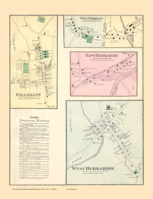 East Berkshire, West Berkshire, Franklin, and East Franklin Villages, Vermont 1871 Old Town Map Reprint - Franklin Co.
