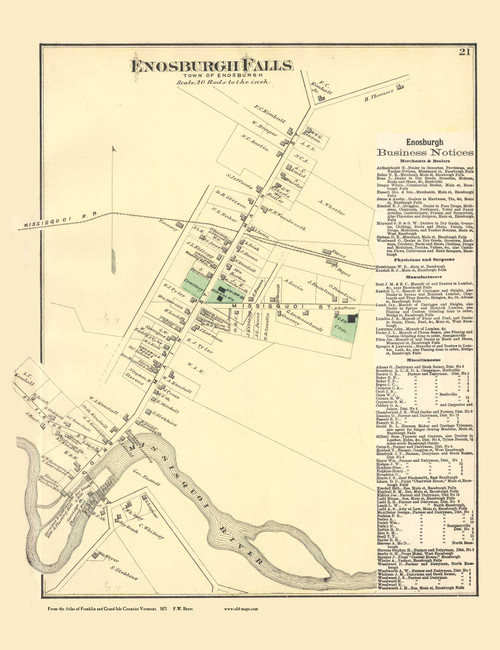 Enosburgh Falls Village, Vermont 1871 Old Town Map Reprint - Franklin Co.