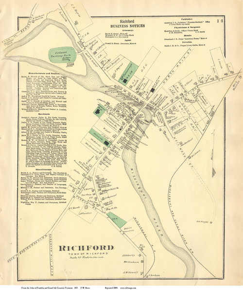 Richford Village, Vermont 1871 Old Town Map Reprint - Franklin Co.