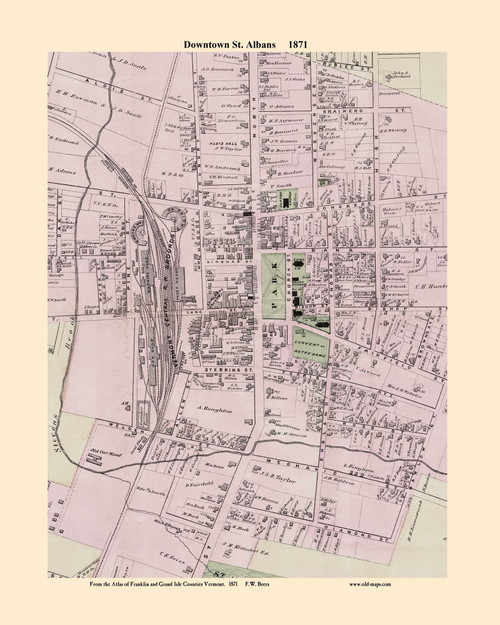 St. Albans Downtown, Vermont 1871 Old Town Map Reprint - Franklin Co.