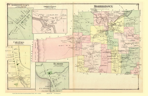 Morristown Town, Morristown Four Corners, Smith's Falls, Cady's Falls, and Elmore Villages, Vermont 1878 Old Town Map Reprint - Lamoille Co.