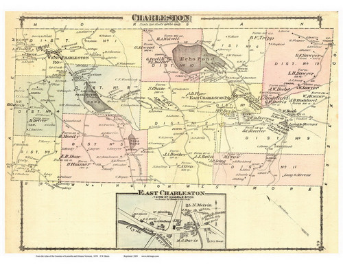 Charleston Town, East Charleston Village, Vermont 1878 Old Town Map Reprint - Orleans Co.