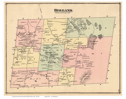 Holland, Vermont 1878 Old Town Map Reprint - Orleans Co.
