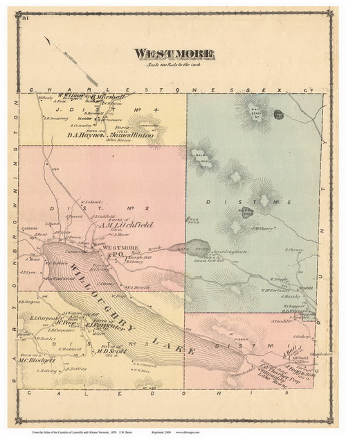 Westmore, Vermont 1878 Old Town Map Reprint - Orleans Co.