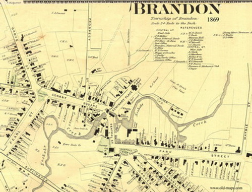 Brandon Village - Closeup, Vermont 1869 Old Town Map Reprint - Rutland Co.