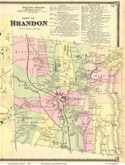 Brandon, Vermont 1869 Old Town Map Reprint - Rutland Co.
