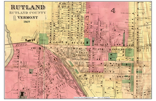 Rutland Downtown - Cropped, Vermont 1869 Old Town Map Reprint - Rutland Co.