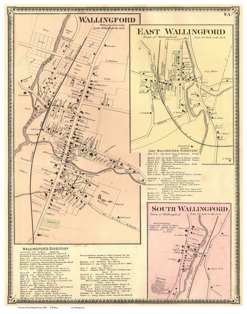 Wallingford, East Wallingford, and South Wallingford Villages, Vermont 1869 Old Town Map Reprint - Rutland Co.