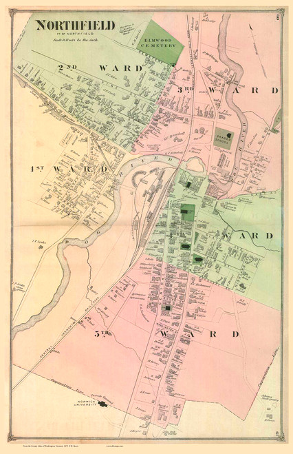 Northfield Village, Vermont 1873 Old Town Map Reprint - Washington Co.