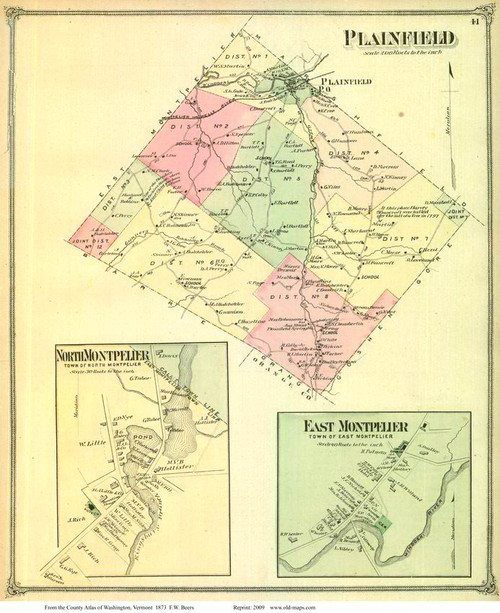 Plainfield Town, North Montpelier and East Montpelier Villages, Vermont 1873 Old Town Map Reprint - Washington Co.