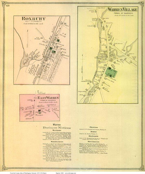 Warren Village, East Warren, and Roxbury Villages, Vermont 1873 Old Town Map Reprint - Washington Co.