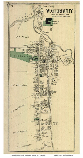 Waterbury Village - Custom, Vermont 1873 Old Town Map Reprint - Washington Co.
