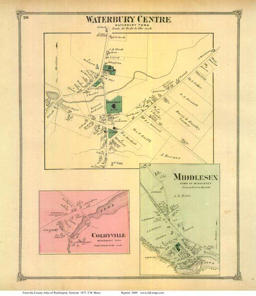 Waterbury Centre, Colbyville, and Middlesex Villages, Vermont 1873 Old Town Map Reprint - Washington Co.