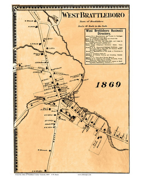 West Brattleboro, Vermont 1869 Old Town Map Reprint - Windham Co.