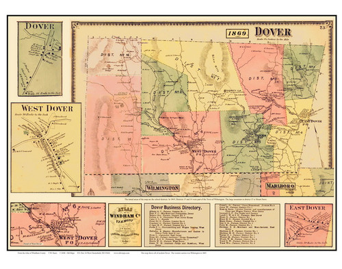 Old Dover Custom, Vermont 1869 Old Town Map Reprint - Windham Co.