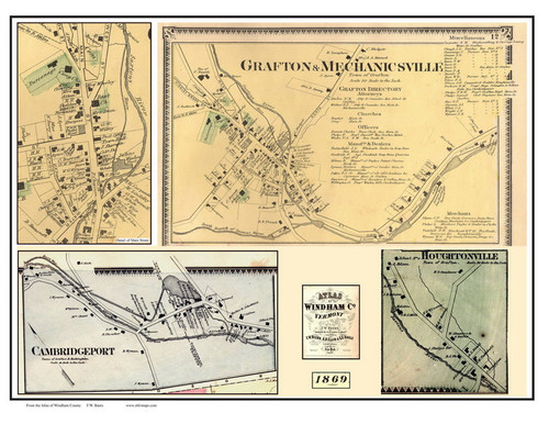 Grafton Villages Custom, Vermont 1869 Old Town Map Reprint - Windham Co.