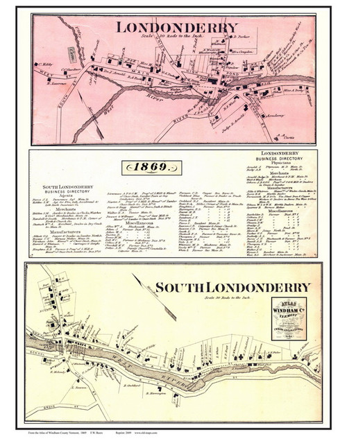 Londonderry Villages Custom, Vermont 1869 Old Town Map Reprint - Windham Co.