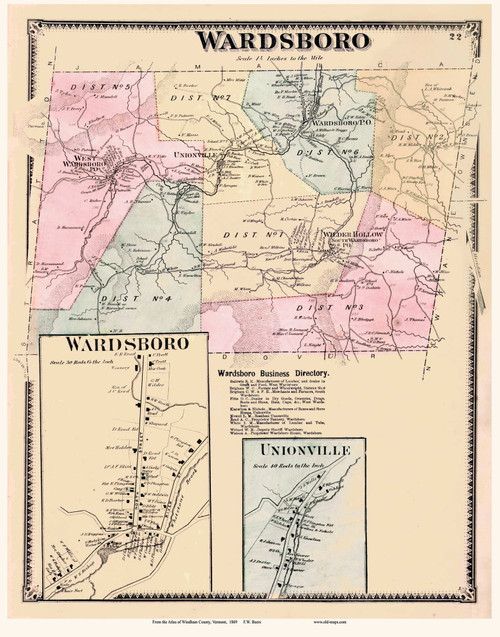 Wardsboro, Vermont 1869 Old Town Map Reprint - Windham Co.