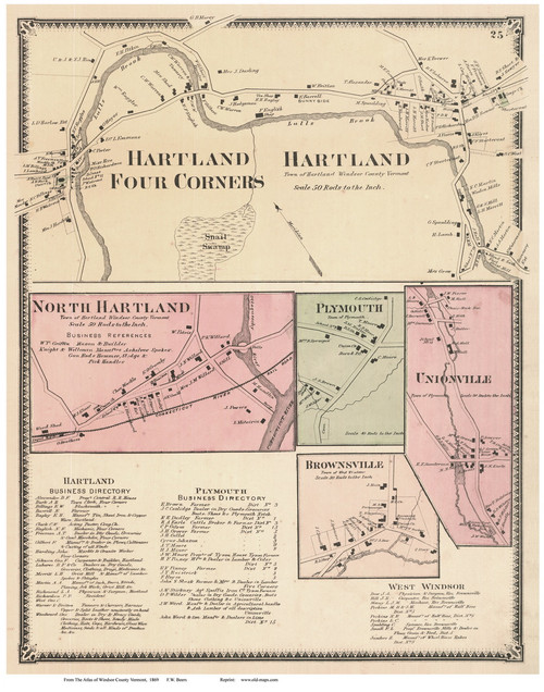 Hartland, Hartland 4 Corners, North Hartland, Brownsville, Unionville, and Plymouth Villages, Vermont 1869 Old Town Map Reprint - Windsor Co.