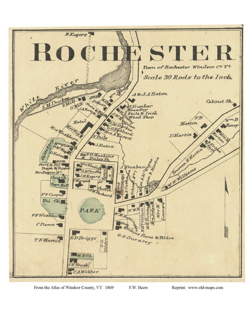 Rochester Village (Custom), Vermont 1869 Old Town Map Reprint - Windsor Co.