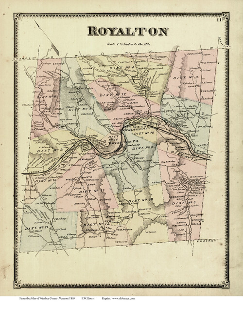 Royalton, Vermont 1869 Old Town Map Reprint - Windsor Co.