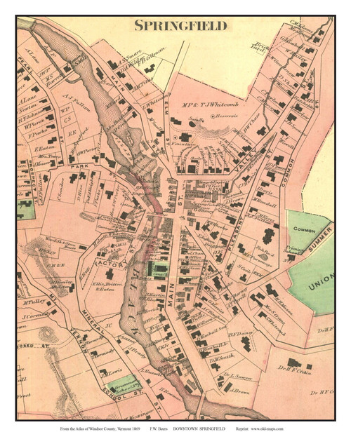 Springfield Downtown Closeup (Custom), Vermont 1869 Old Town Map Reprint - Windsor Co.