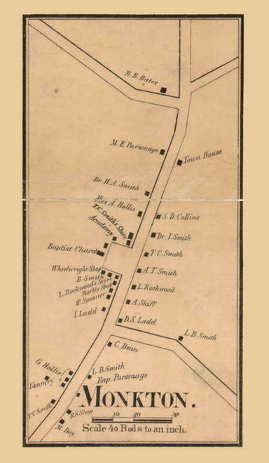Monkton Village, Vermont 1857 Old Town Map Custom Print - Addison Co.
