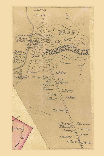 Forestdale Village, Brandon, Vermont 1854 Old Town Map Custom Print - Rutland Co.