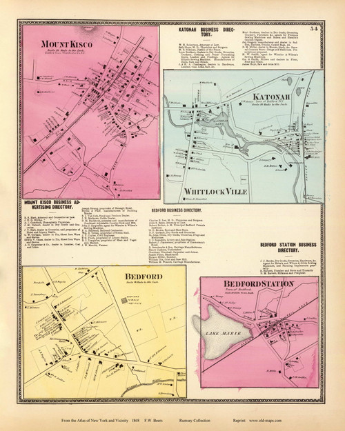 Bedford, Bedford Station, Mount Kisco, Whitlockville and Katonah Villages, New York 1868 - Old Town Map Reprint - Westchester Co. - NYC Vicinity Atlas