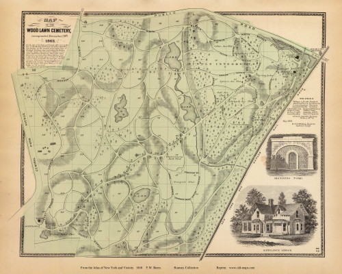 Woodlawn Cemetery - Yonkers, New York 1868 - Old Town Map Reprint - Westchester Co. - NYC Vicinity Atlas