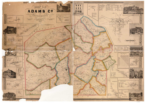 Adams County Pennsylvania 1858 Copy 2 - Poor Condition - Old Map Reprint