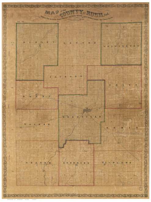 Rush County, Indiana 1856 - Old Map Reprint