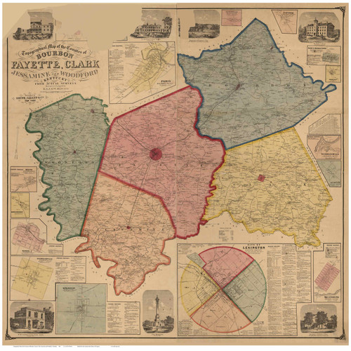 Bourbon, Fayette, Clark, Jessamine, & Woodford County Kentucky 1861 - Old Map Reprint