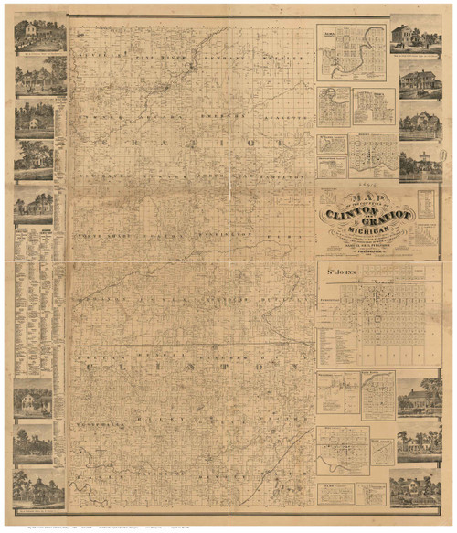 Clinton and Gratiot County Michigan 1864 - Old Map Reprint