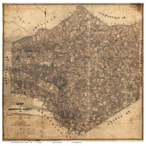Dinwiddie County Virginia 1864 - Old Map Reprint