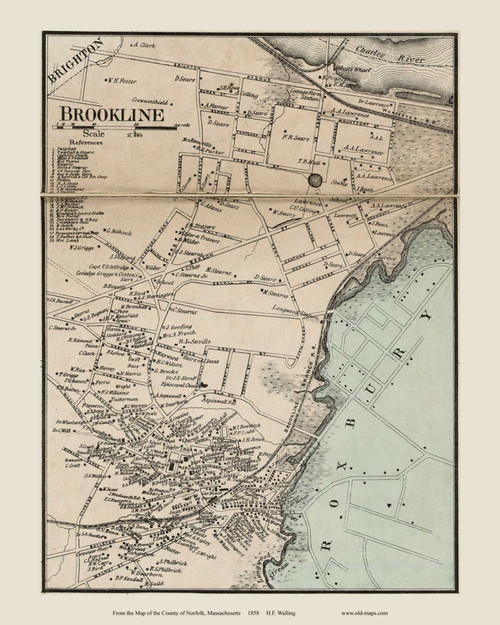 Brookline Village, Massachusetts 1858 Old Town Map Custom Print - Norfolk Co.