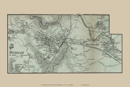 Dedham Village and Mill Village, Massachusetts 1858 Old Town Map Custom Print - Norfolk Co.