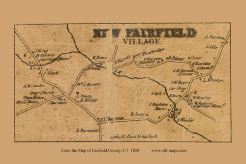 New Fairfield Village - New Fairfield, Connecticut 1858 Fairfield Co. - Old Map Custom Print