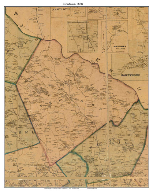 Newtown, Connecticut 1858 Fairfield Co. - Old Map Custom Print