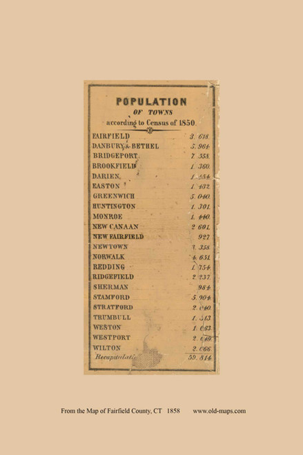 Fairfield County Population, Connecticut 1858 Fairfield Co. - Old Map Custom Print