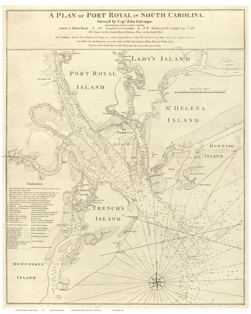 Port Royal  1773 Gascoigne - Hilton Head - Old Map Reprint - South Carolina Cities