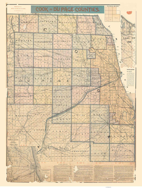 Cook and DuPage Counties 1897 Blanchard - Old Map Reprint -  Illinois Cities