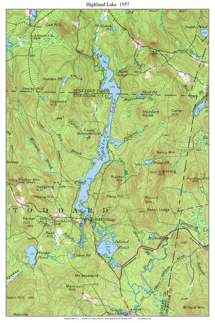 Highland Lake 1957 - Custom USGS Old Topo Map - New Hampshire