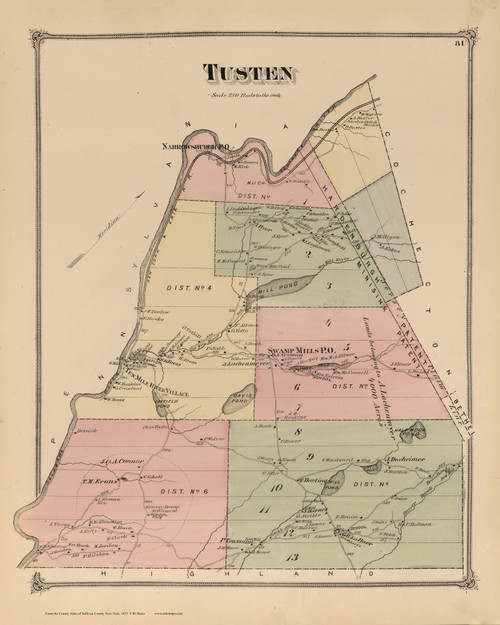 Tusten, New York 1875 - Old Town Map Reprint - Sullivan Co. Atlas