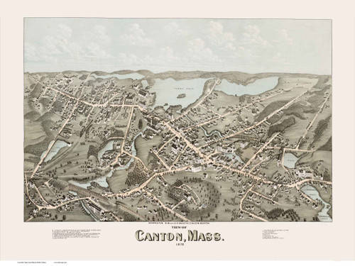 Canton, Massachusetts 1878 Bird's Eye View - Old Map Reprint BPL