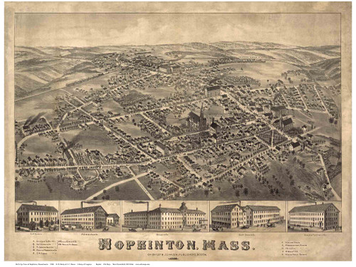 Hopkinton, Massachusetts 1880 Bird's Eye View - Old Map Reprint