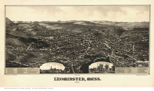 Leominster, Massachusetts 1886 Bird's Eye View - Old Map Reprint